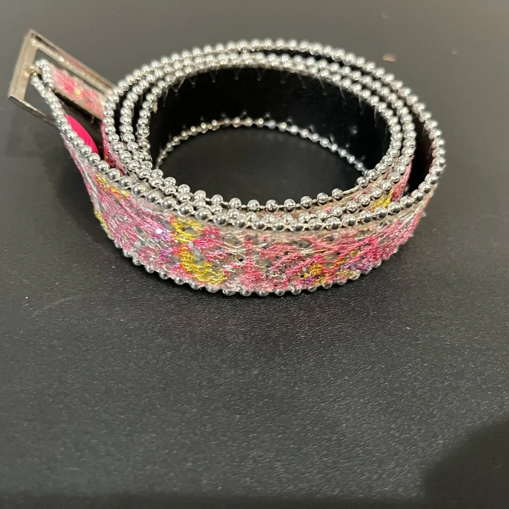 Pink Floral Beaded Kids Belt with Silver Accents